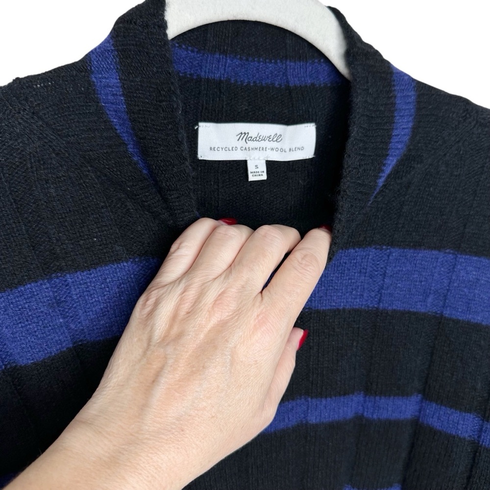 Madewell Ribbed Cashmere-Wool Pullover Sweater Cobalt Blue/Black Stripe Small - Picture 12 of 16